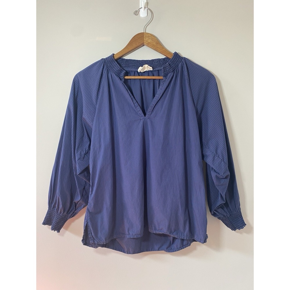 NATION LTD Estelle Poplin Peasant Blouse SMALL Blue Striped Pima Smocked Cuff - Picture 1 of 7
